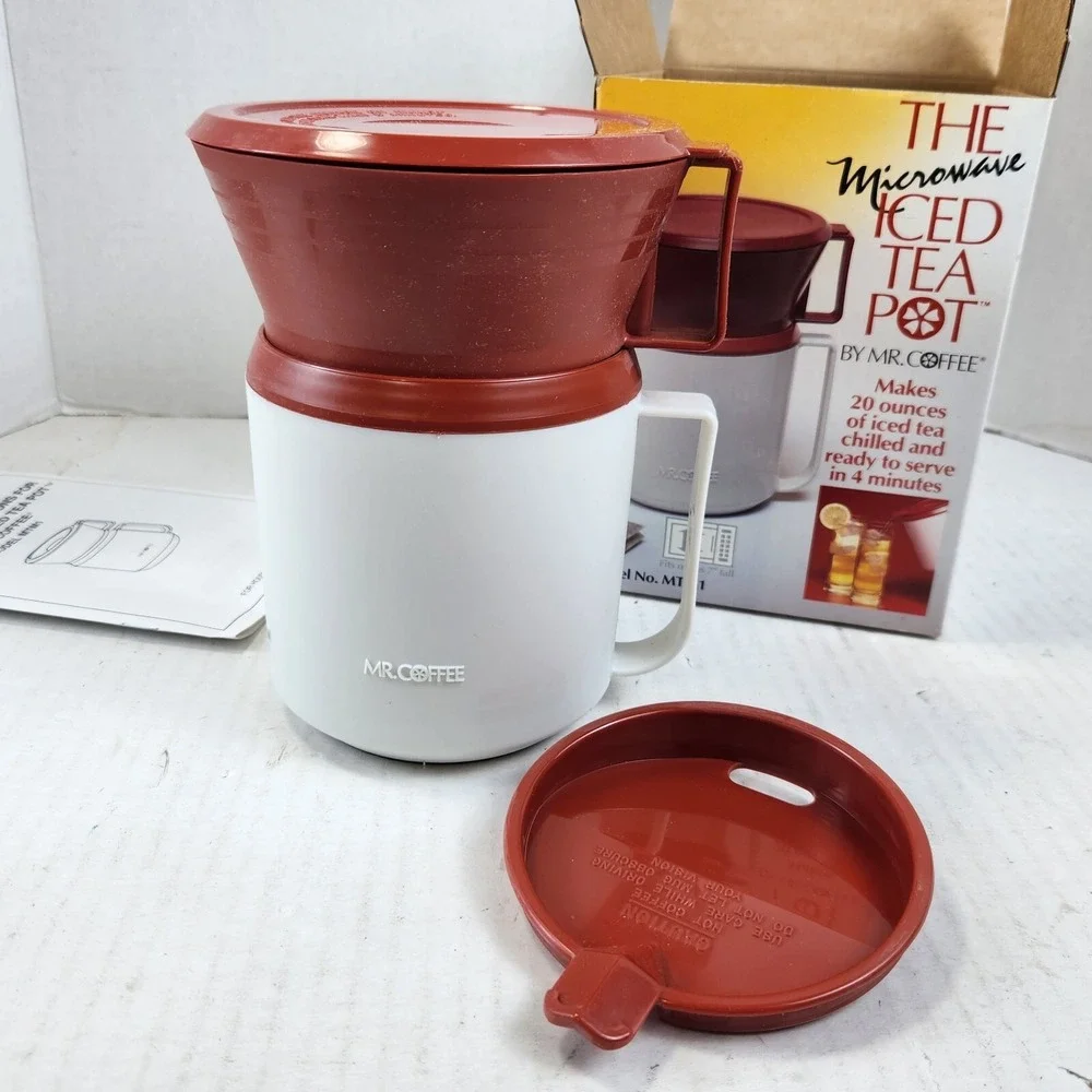 ICED TEA MAKER Vintage MR. COFFEE Microwave Brewing Pot Red & White  20 Oz NEW
